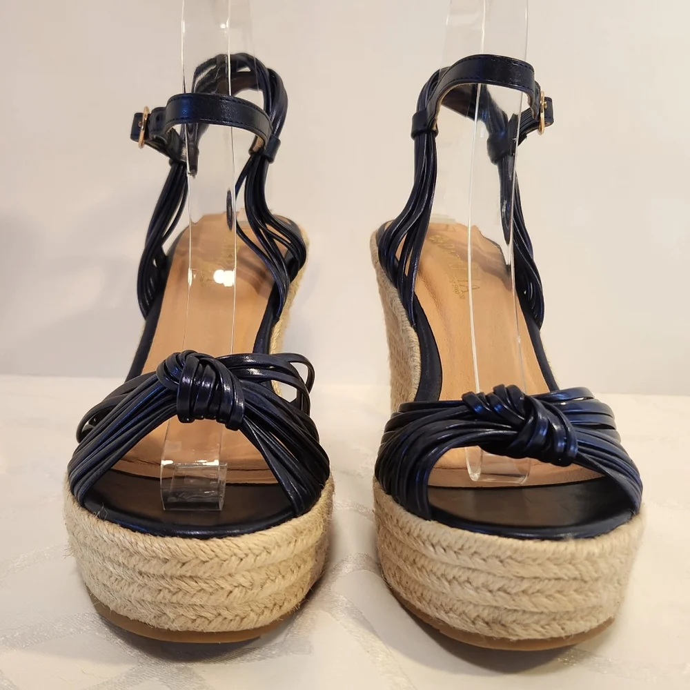 Patrizia by Spring Step Blue Metallic Strappy Woven Wedge Sandal Sz 6.5/7